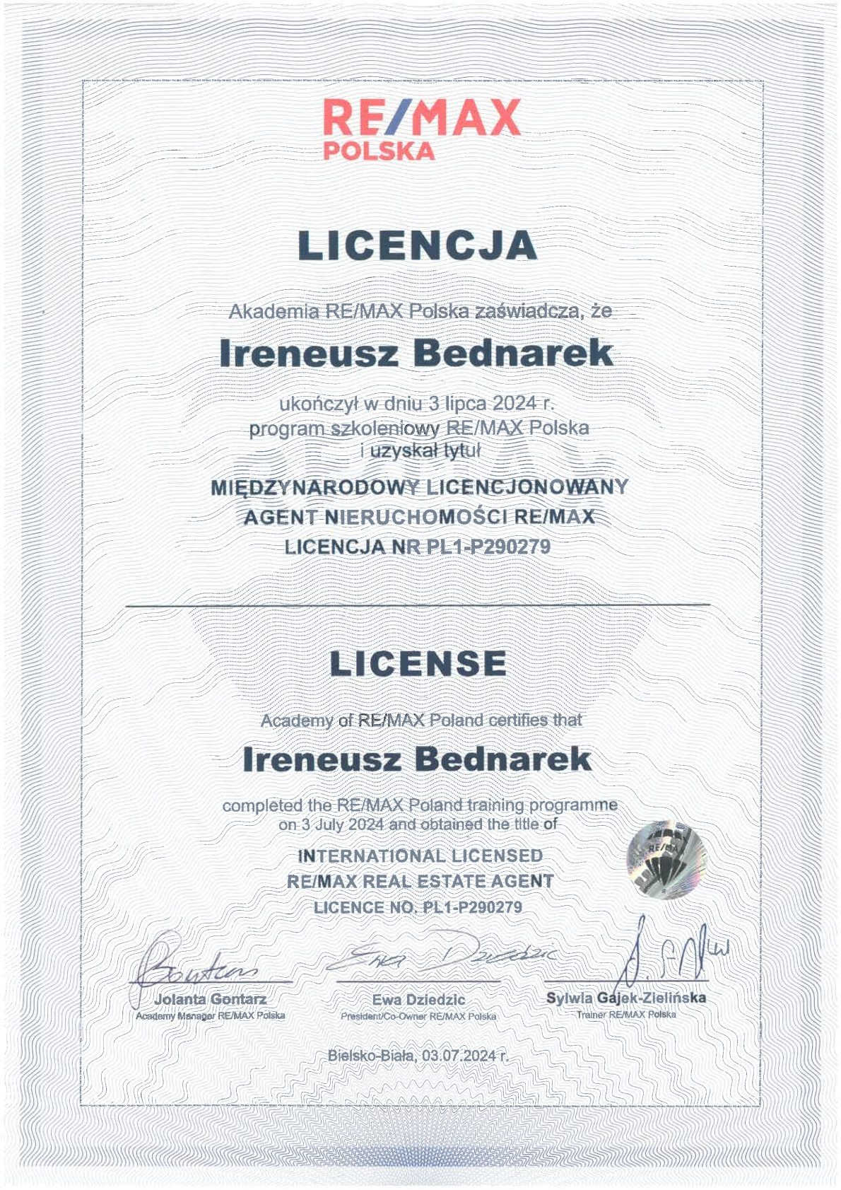 Licencja RE/MAX Polska dla Ireneusza Bednarka z datą 3 lipca 2024. Dokument w ramce, z podpisami Jolanty Gontarz, Ewy Dziedzic i Sylwii Gajek-Zielińskiej. Numer licencji PL1-P290279.