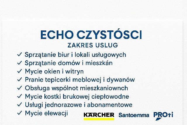 Oferta firmy sprzątającej: sprzątanie biur, domów, mycie okien, pranie tapicerki, mycie kostki brukowej i elewacji. Wykorzystywane marki: Karcher, Santoemma, Proti.