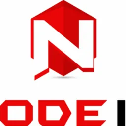 Graficzne logo 'NODE IT' z czerwoną literą 'N' w heksagonie i dopasowanym krojem pisma, na białym tle. Nowoczesny design z elementami geometrycznymi.