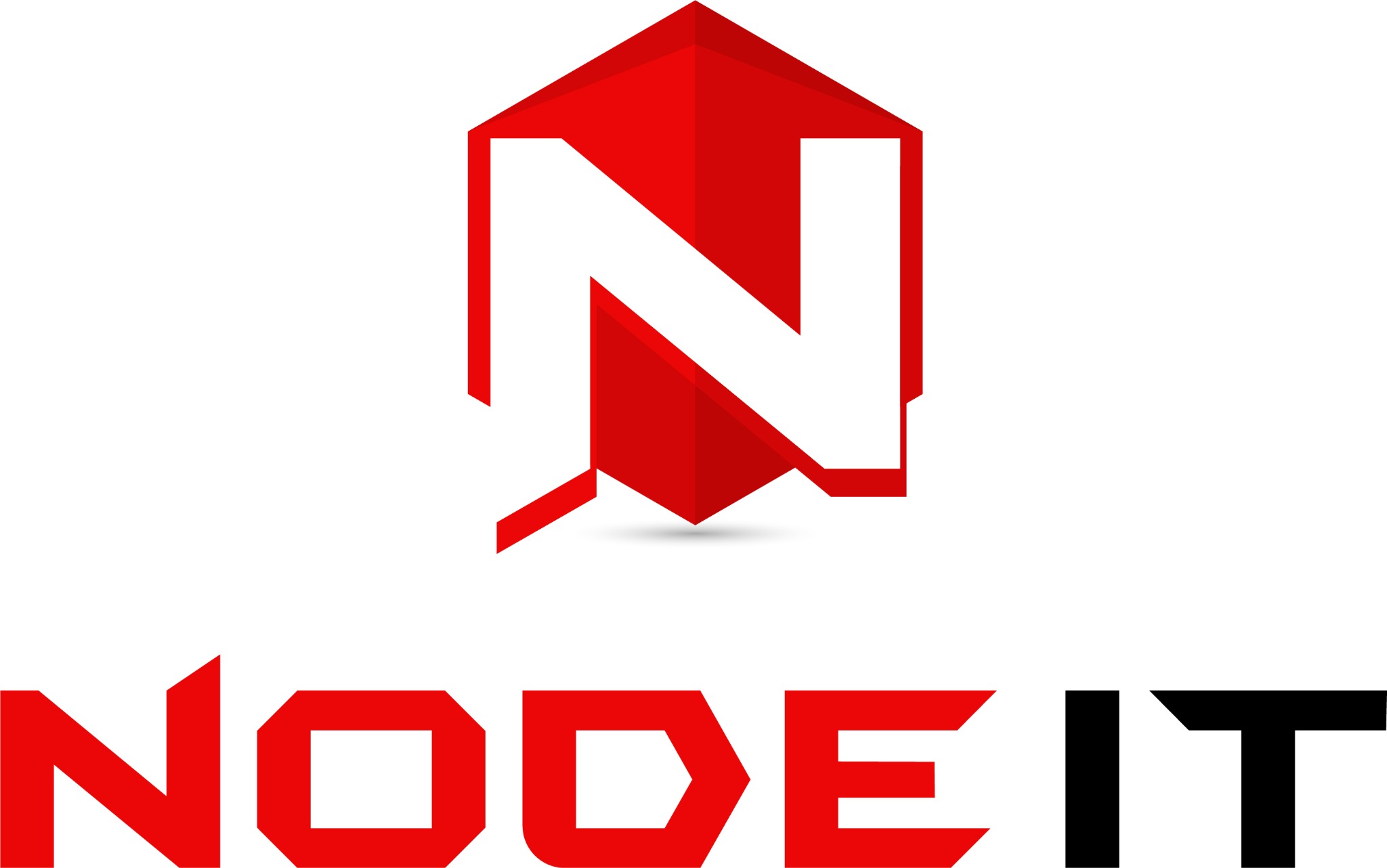 Graficzne logo 'NODE IT' z czerwoną literą 'N' w heksagonie i dopasowanym krojem pisma, na białym tle. Nowoczesny design z elementami geometrycznymi.