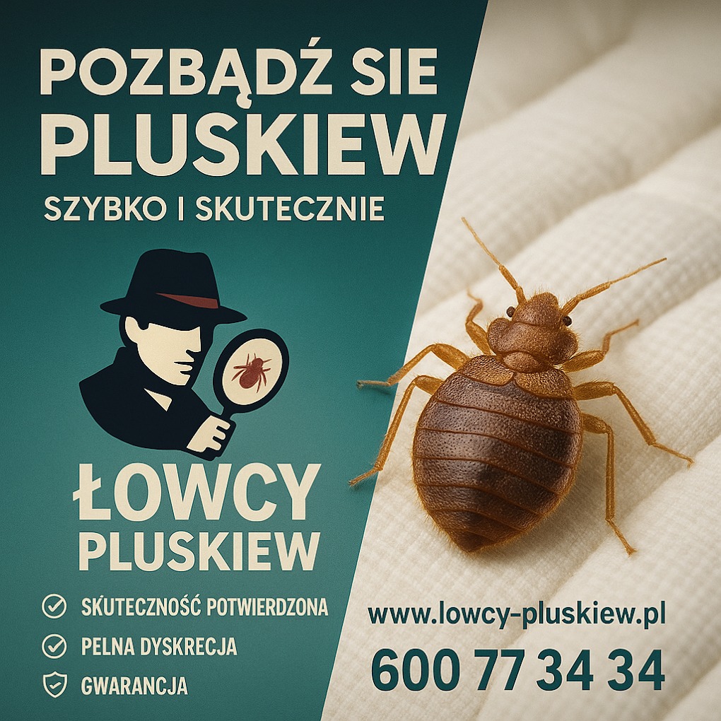Grafika reklamowa: pluskwa na materacu, obok sylwetka detektywa z lupą i hasło 'Łowcy Pluskiew'. Skuteczność potwierdzona, pełna dyskrecja, gwarancja.