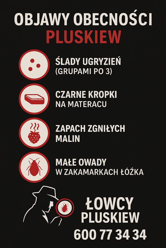 Infografika: objawy obecności pluskiew. Ślady ugryzień, czarne kropki na materacu, zapach zgnilych malin, małe owady. Łowcy pluskiew, numer telefonu.