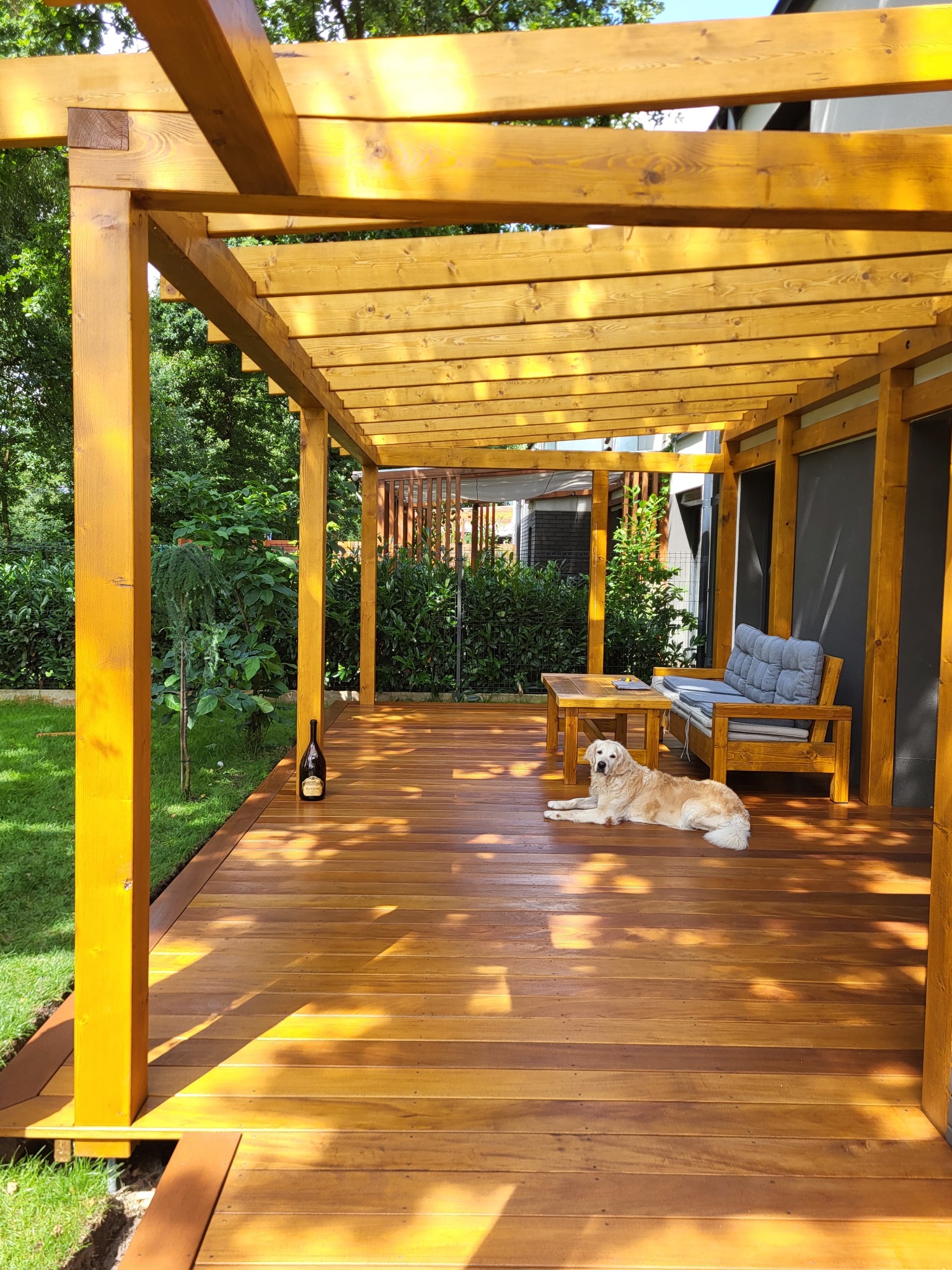 Zadaszony taras z drewna egzotycznego, z psem rasy Golden Retriever leżącym na podłodze. Na tarasie ustawiony jest drewniany stół i sofa z szarymi poduszkami.