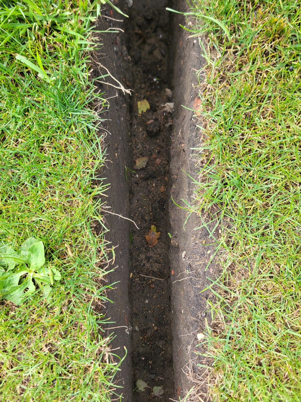 Wykopany wąski rów w trawie, prawdopodobnie pod instalację nawadniającą. Widok z góry, ukazujący ziemię i zieloną trawę po obu stronach wykopu.