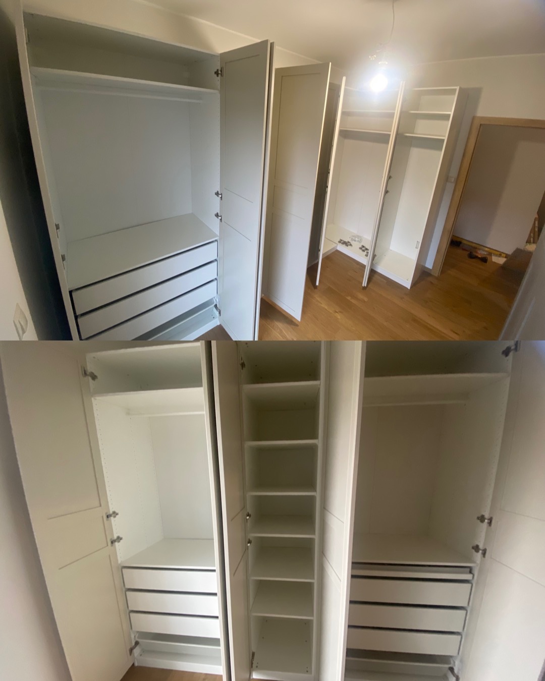 Białe, otwarte szafy wnękowe z szufladami i półkami, widoczne na drewnianej podłodze. Część szaf jeszcze w trakcie montażu, surowe wnętrze, jasne oświetlenie.