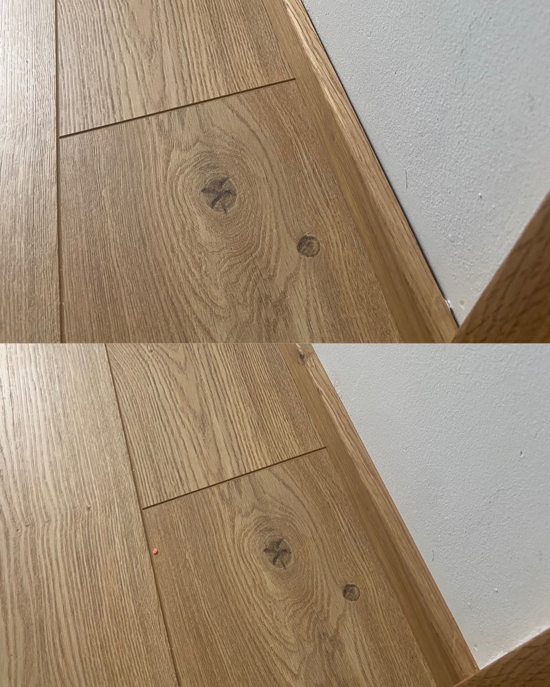 Jasne panele podłogowe z widoczną strukturą drewna, ułożone przy białej ścianie i listwie przypodłogowej. Widoczne detale łączeń paneli i naturalne sęki.