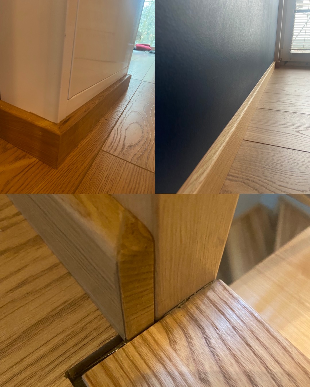 Detale wykończenia podłogi: drewniane listwy przypodłogowe w odcieniach brązu, precyzyjne łączenia, widoczne usłojenie drewna, fragment ściany w kolorze granatowym.