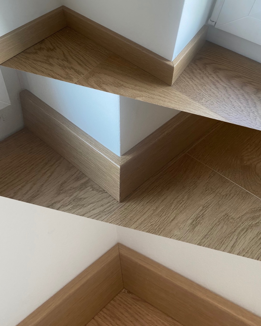 Jasne, drewniane panele podłogowe i listwy przypodłogowe w narożnikach ścian, ukazujące precyzyjne wykończenie wnętrza. Detal łączenia podłogi i ściany.