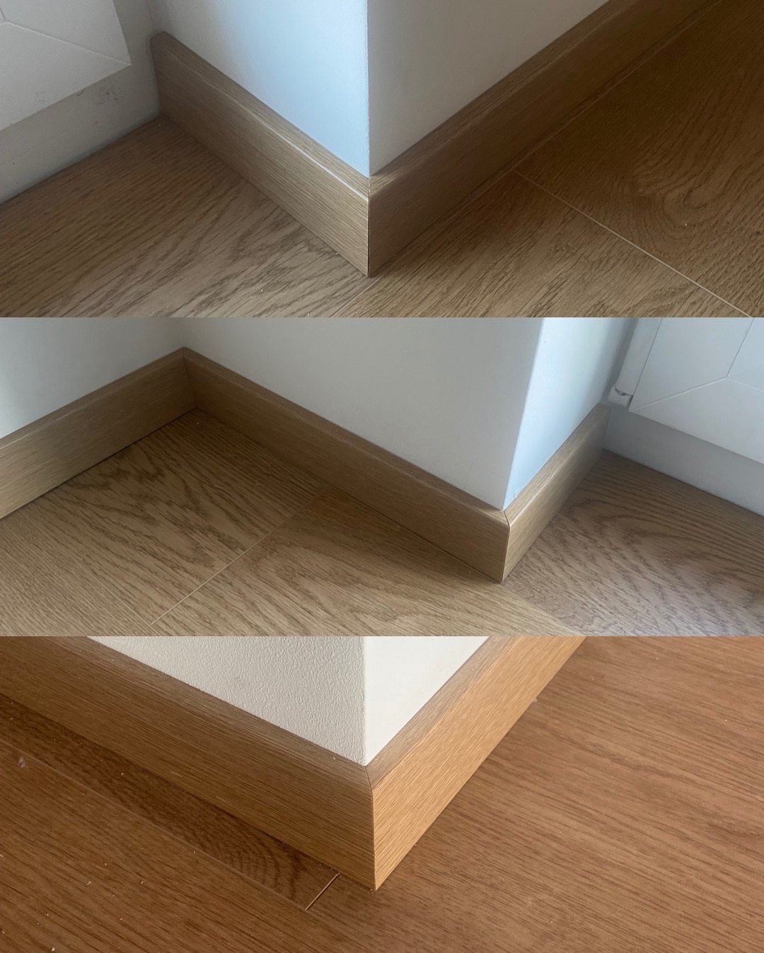 Detale wykończenia: trzy różne ujęcia drewnianych listew przypodłogowych, ukazujące precyzję łączeń i estetykę wykończenia podłogi w narożnikach ścian.