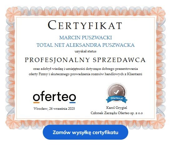 Certyfikat 'Profesjonalny Sprzedawca' dla Marcina Puszwackiego z Total Net Aleksandra Puszwacka, wydany przez Oferteo, Wrocław, 26.09.2025.