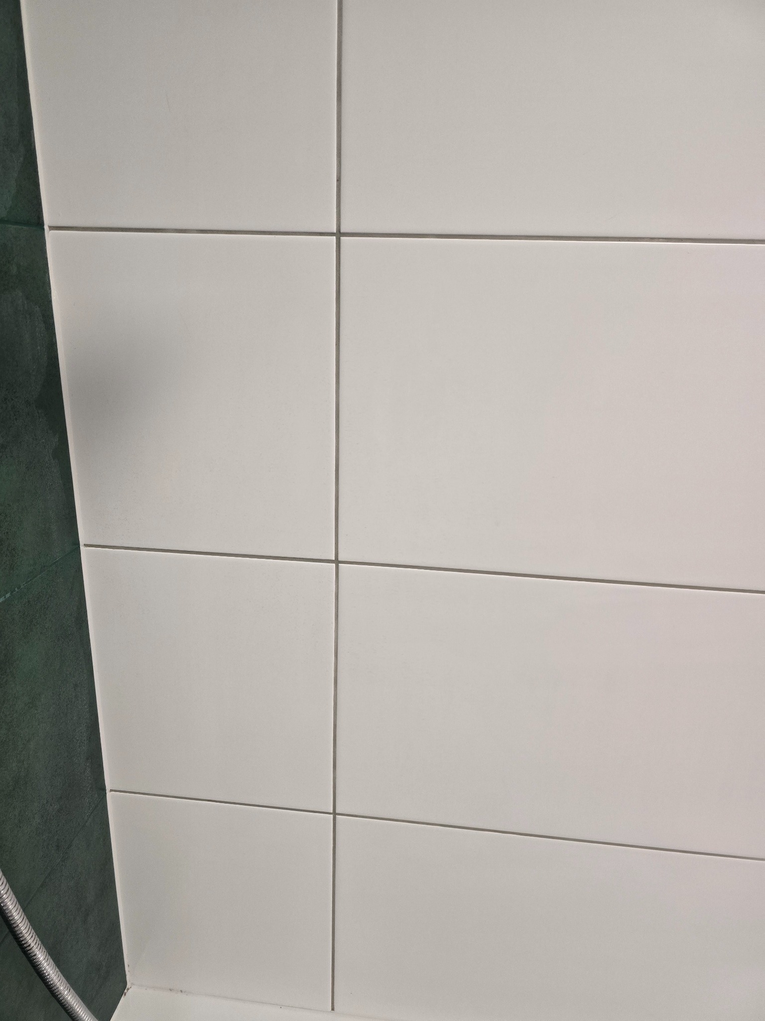 Czyste, białe płytki w łazience, ułożone równo z ciemnozieloną ścianą w tle. Widoczny fragment węża prysznicowego. Minimalistyczne ujęcie.