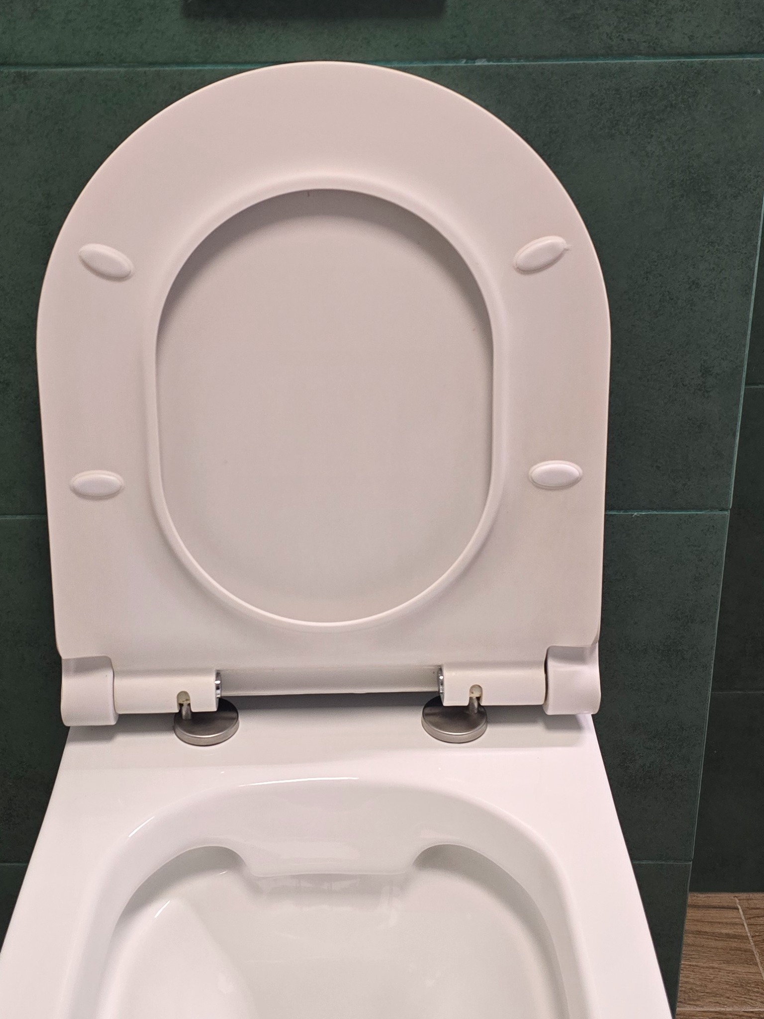 Biała, otwarta deska sedesowa z widocznymi metalowymi zawiasami na tle ciemnozielonych płytek. Ujęcie z bliska, skupiające się na czystości i detalu armatury.