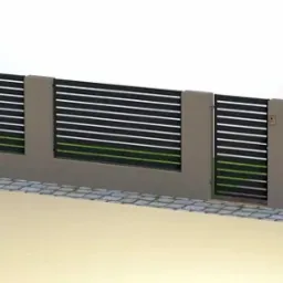 Nowoczesne ogrodzenie panelowe z poziomych, czarnych listew, osadzone na betonowych słupkach, z zielenią widoczną w tle. Minimalistyczny design, kostka brukowa u podstawy.