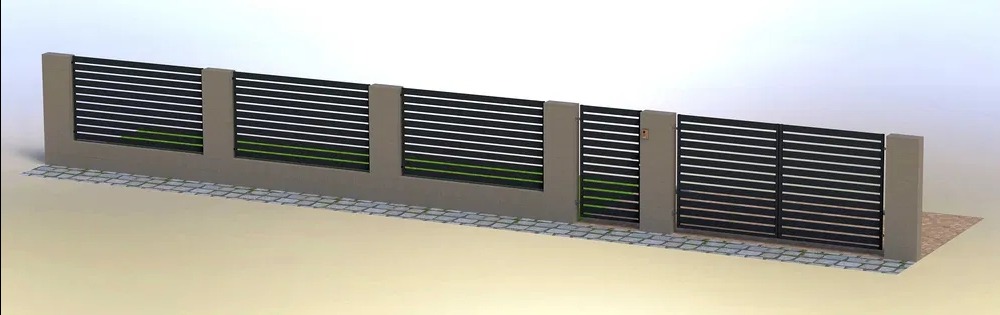 Nowoczesne ogrodzenie panelowe z poziomych, czarnych listew, osadzone na betonowych słupkach, z zielenią widoczną w tle. Minimalistyczny design, kostka brukowa u podstawy.