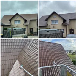 Czteropanelowe ujęcie: dom przed/po, dachówka czyszczona/pomalowana, z bliska, ukazujące efekt renowacji i narzędzie pracy.