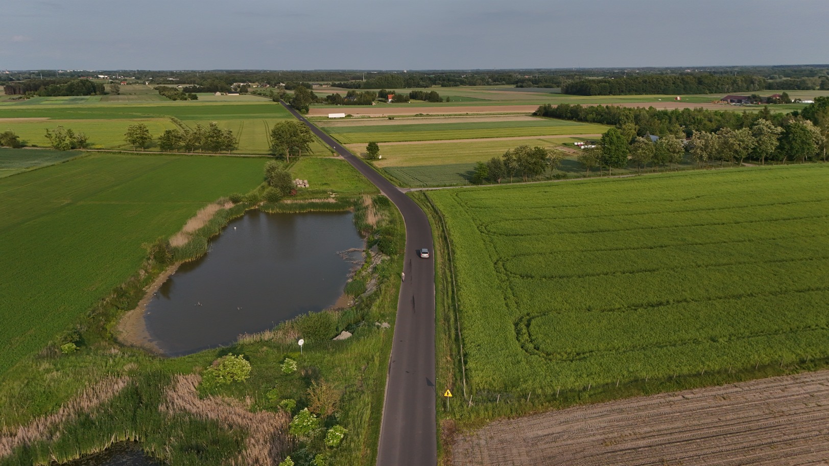 Szeroki kadr z drona: wiejska droga przecina zielone pola uprawne, obok staw z trzciną, w oddali zabudowania. Samochód na drodze, znak ostrzegawczy.