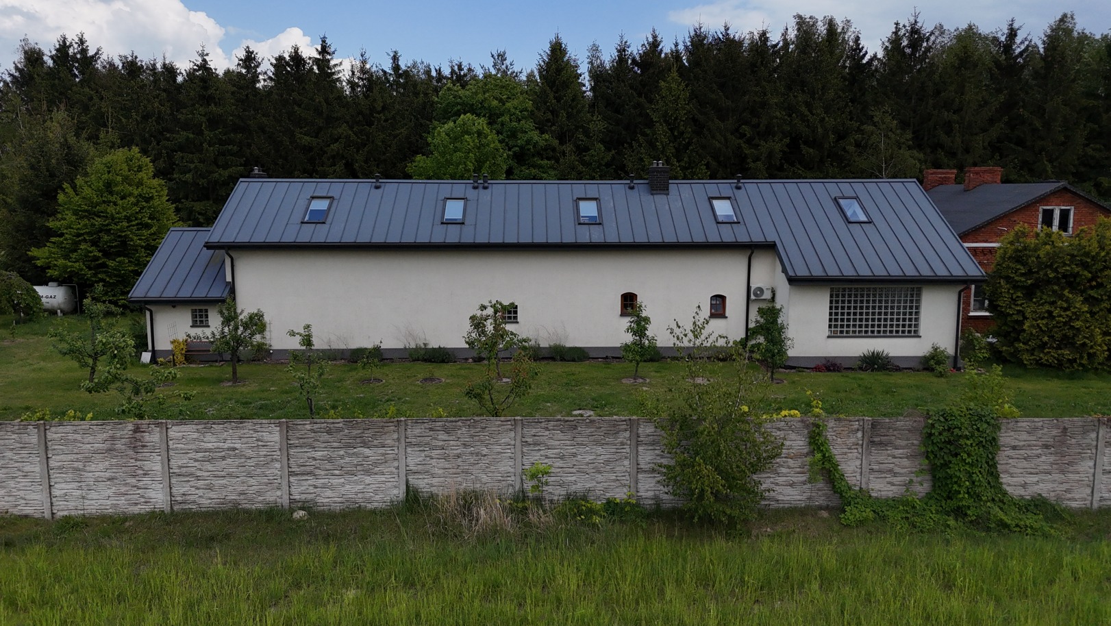 Biały dom z szarą blachą trapezową i oknami dachowymi na tle lasu, widziany zza betonowego ogrodzenia. Małe drzewka owocowe w ogrodzie.