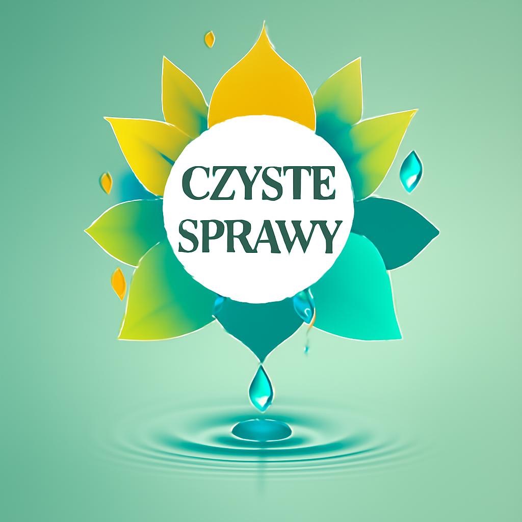 Grafika z napisem 'Czyste Sprawy' otoczonym stylizowanymi liśćmi i kroplami wody na tle w odcieniach zieleni, sugerująca czystość i świeżość.