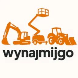 Pomarańczowe grafiki maszyn budowlanych (koparka, podnośnik, traktor) nad czarnym napisem 'wynajmijgo' na białym tle. Prosty, nowoczesny design.