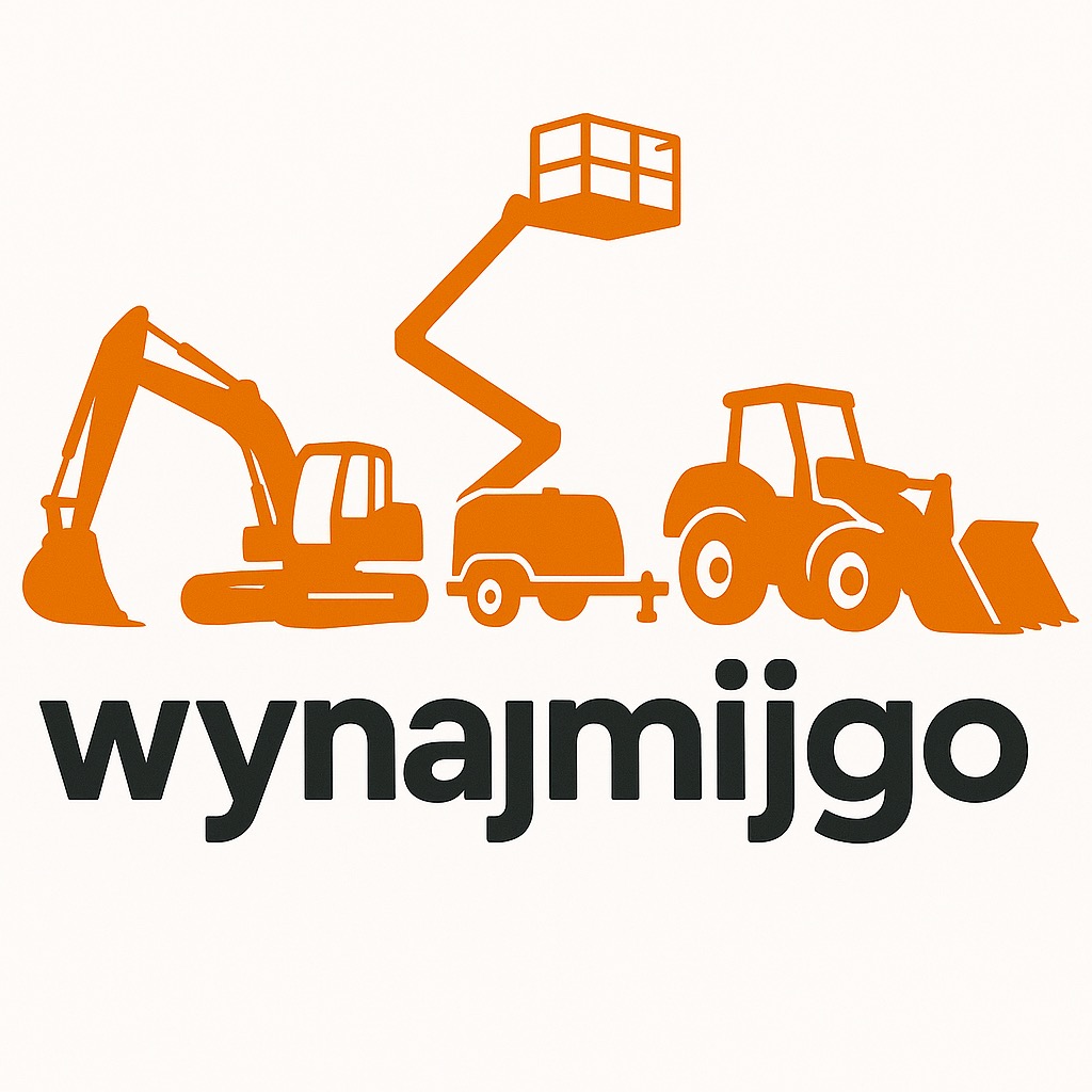 Pomarańczowe grafiki maszyn budowlanych (koparka, podnośnik, traktor) nad czarnym napisem 'wynajmijgo' na białym tle. Prosty, nowoczesny design.