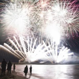 Nocny pokaz fajerwerków nad morzem, z sylwetkami ludzi na plaży. Jasne, białe i kolorowe eksplozje rozświetlają ciemne niebo nad wodą. Widoczny pomost w tle.