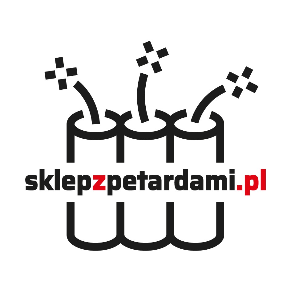 Graficzne logo sklepu internetowego z fajerwerkami: stylizowane petardy z czarnymi lontami i czerwonym akcentem w nazwie domeny, na białym tle.