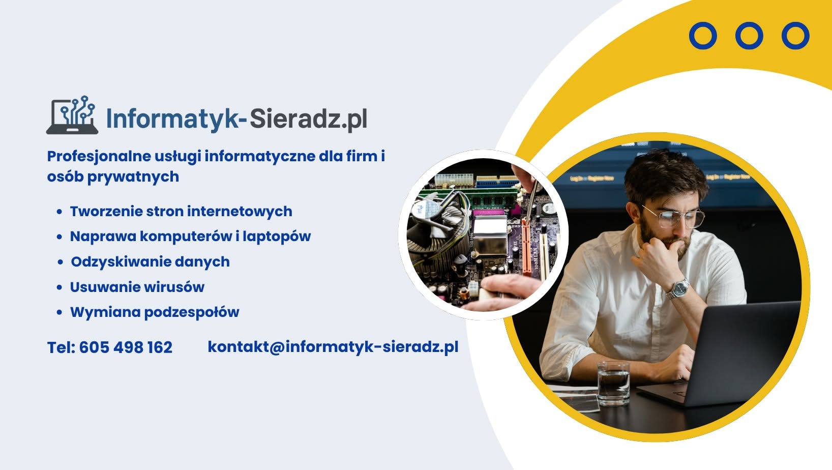 Grafika: Informatyk-Sieradz.pl. Oferta usług informatycznych, naprawa komputerów, odzyskiwanie danych. Mężczyzna pracuje na laptopie, w tle płyta główna.
