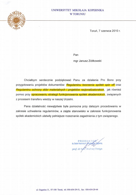 Pismo z podziękowaniem za działania Pro Bono w przygotowaniu regulaminów dla spółek spin-off i ochrony dóbr, z pieczęcią Uniwersytetu Mikołaja Kopernika.