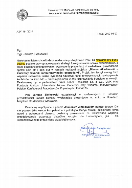 List z podziękowaniem za działania pro bono w Toruniu, skierowany do mgr. Janusza Ziółkowskiego, od Akademickiego Inkubatora Przedsiębiorczości UMK.