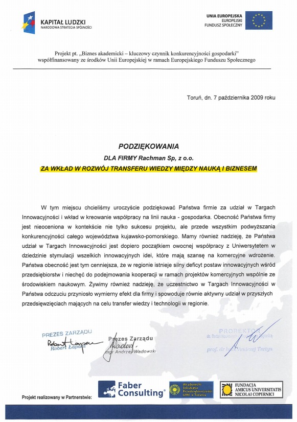 Uroczyste podziękowanie dla firmy Rachman Sp. z o.o. za wkład w rozwój transferu wiedzy między nauką a biznesem. Dokument z podpisami i logotypami partnerów projektu.
