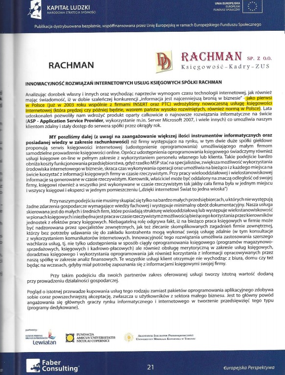 Artykuł o innowacyjnych rozwiązaniach internetowych usług księgowych Rachman Sp. z o.o., z logo firmy i informacjami o partnerach, podkreślający zdalny dostęp i nowoczesne technologie.