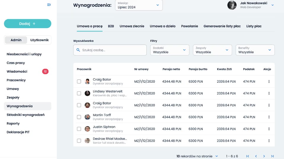Interfejs programu do zarządzania wynagrodzeniami z listą pracowników, ich pensji netto, brutto, kwoty ZUS i podatku. Widoczny wybór miesiąca: Lipiec 2024.