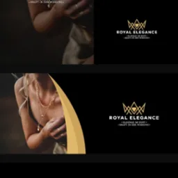 Kompilacja wariantów logo 'Royal Elegance' w kolorze złotym, na różnych tłach (białym i czarnym) oraz w kontekście wizerunkowym z modelką.