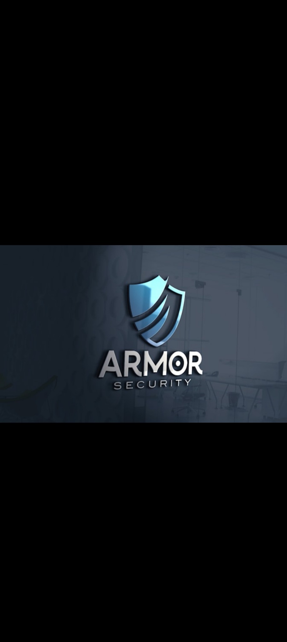 Logo 'Armor Security' z motywem tarczy w odcieniach błękitu i srebra, umieszczone na ciemnoszarym tle z delikatnym wzorem. Metaliczny efekt i gradient nadają mu nowoczesny wygląd.
