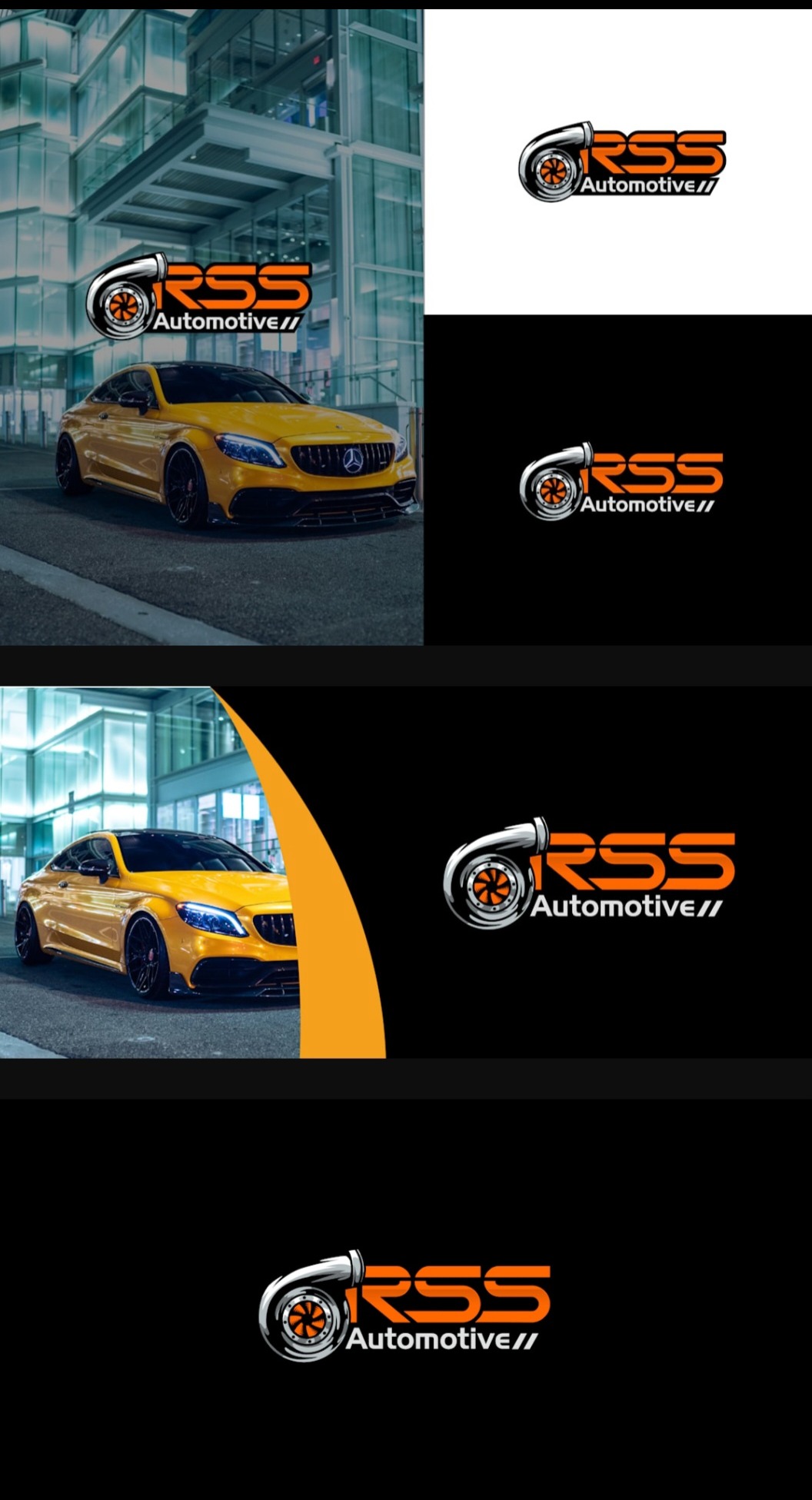 Kompozycja z żółtym autem na tle szklanego budynku oraz logo RSS Automotive z turbiną. Grafika z różnymi wariantami logo na białym i czarnym tle.