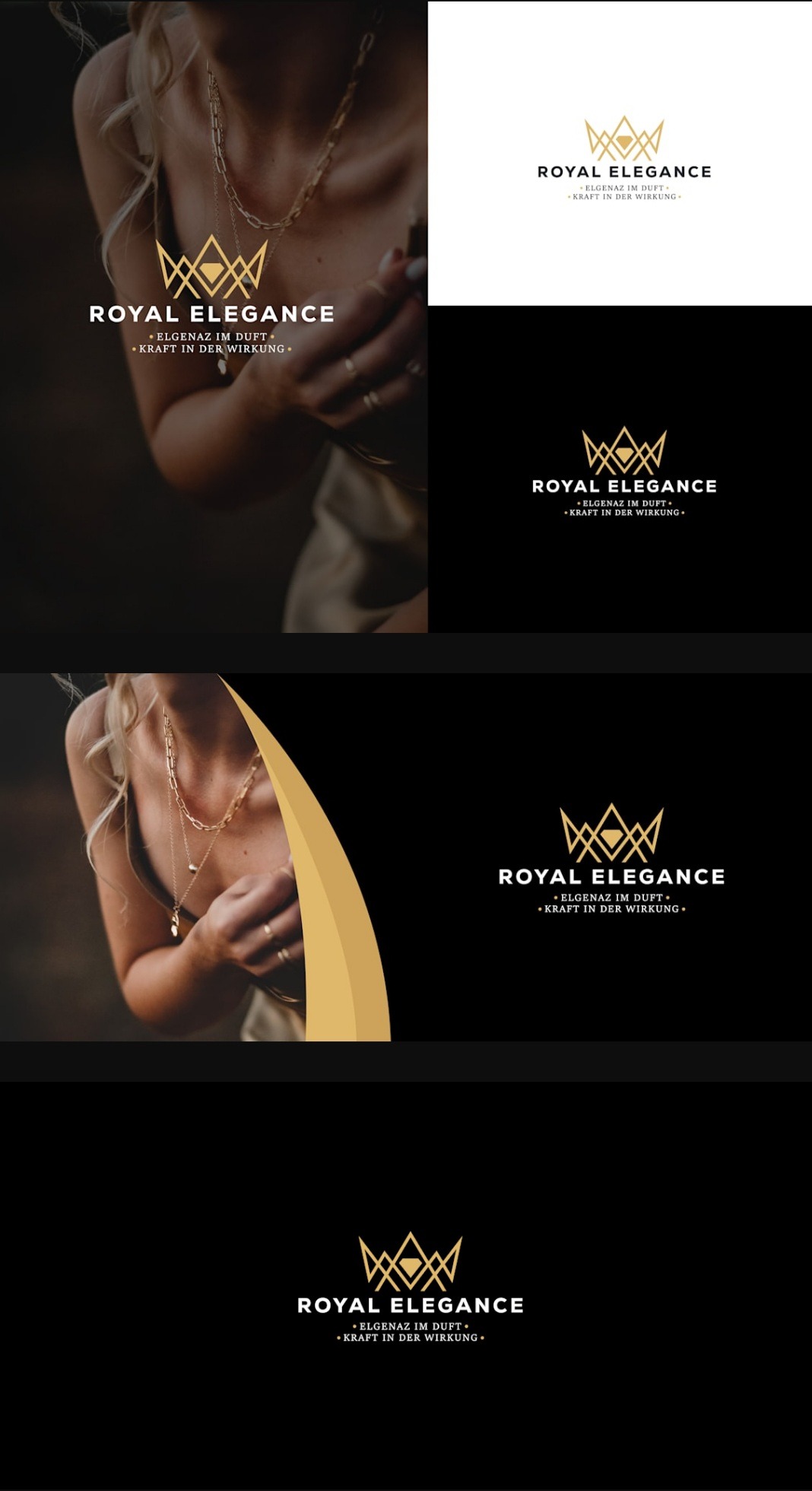 Kompilacja wariantów logo 'Royal Elegance' w kolorze złotym, na różnych tłach (białym i czarnym) oraz w kontekście wizerunkowym z modelką.
