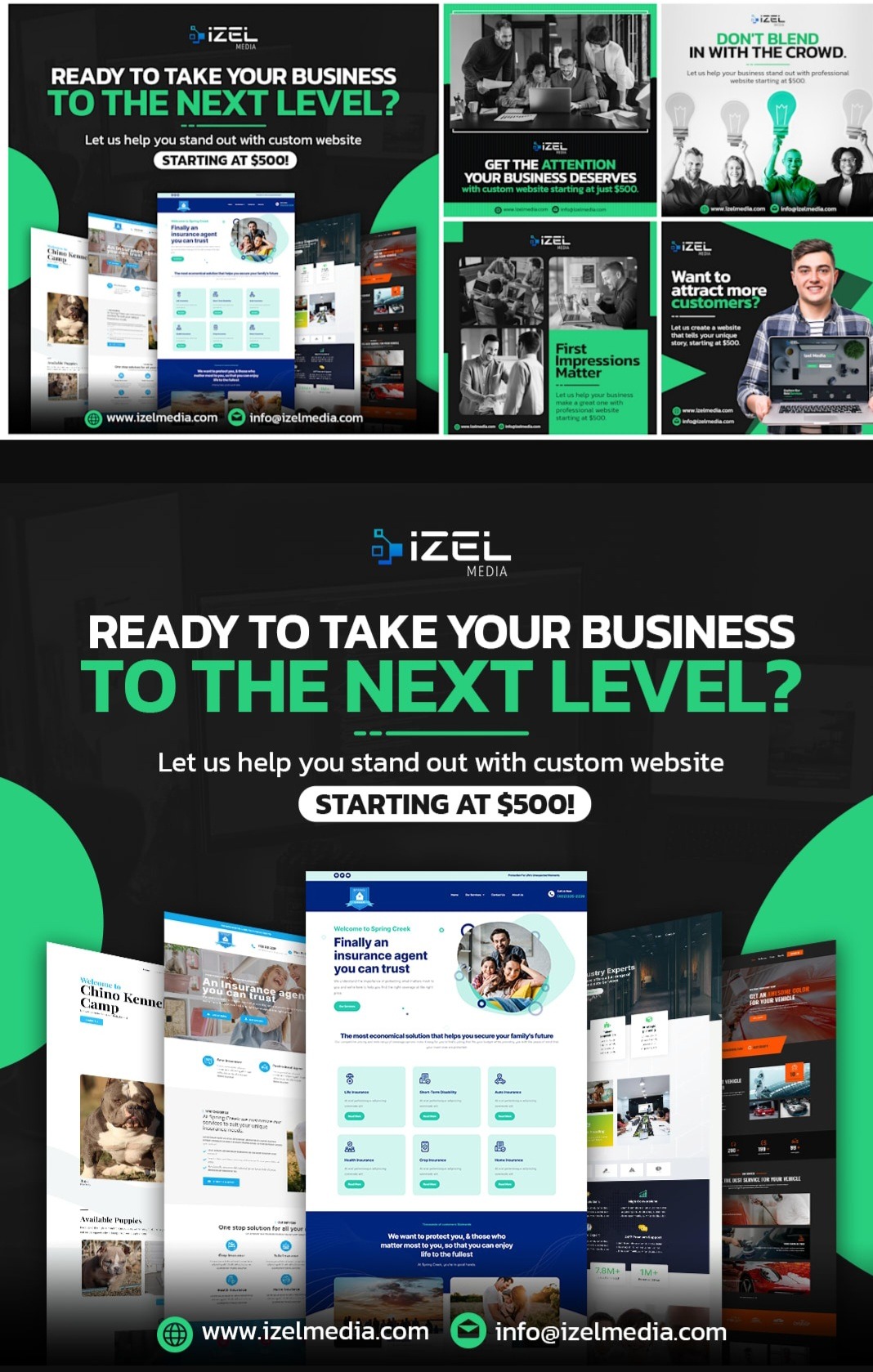 Kompozycja prezentująca przykłady projektów stron internetowych z logo firmy Izal Media, z hasłem 'Ready to take your business to the next level?'