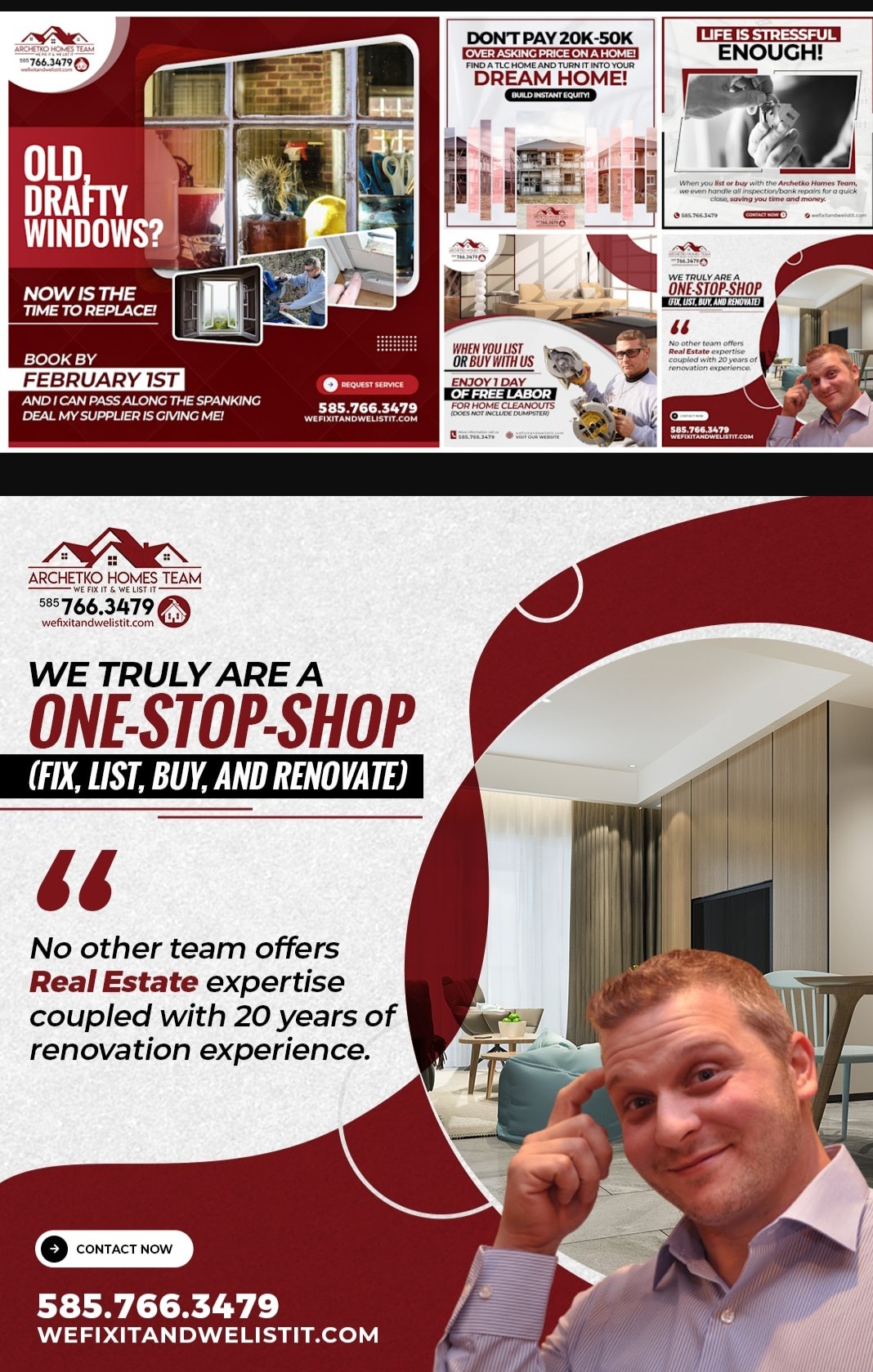 Materiały reklamowe firmy remontowej: okna, remonty, promocje. Grafika z hasłami i zdjęciami, numerem telefonu i adresem strony internetowej firmy.