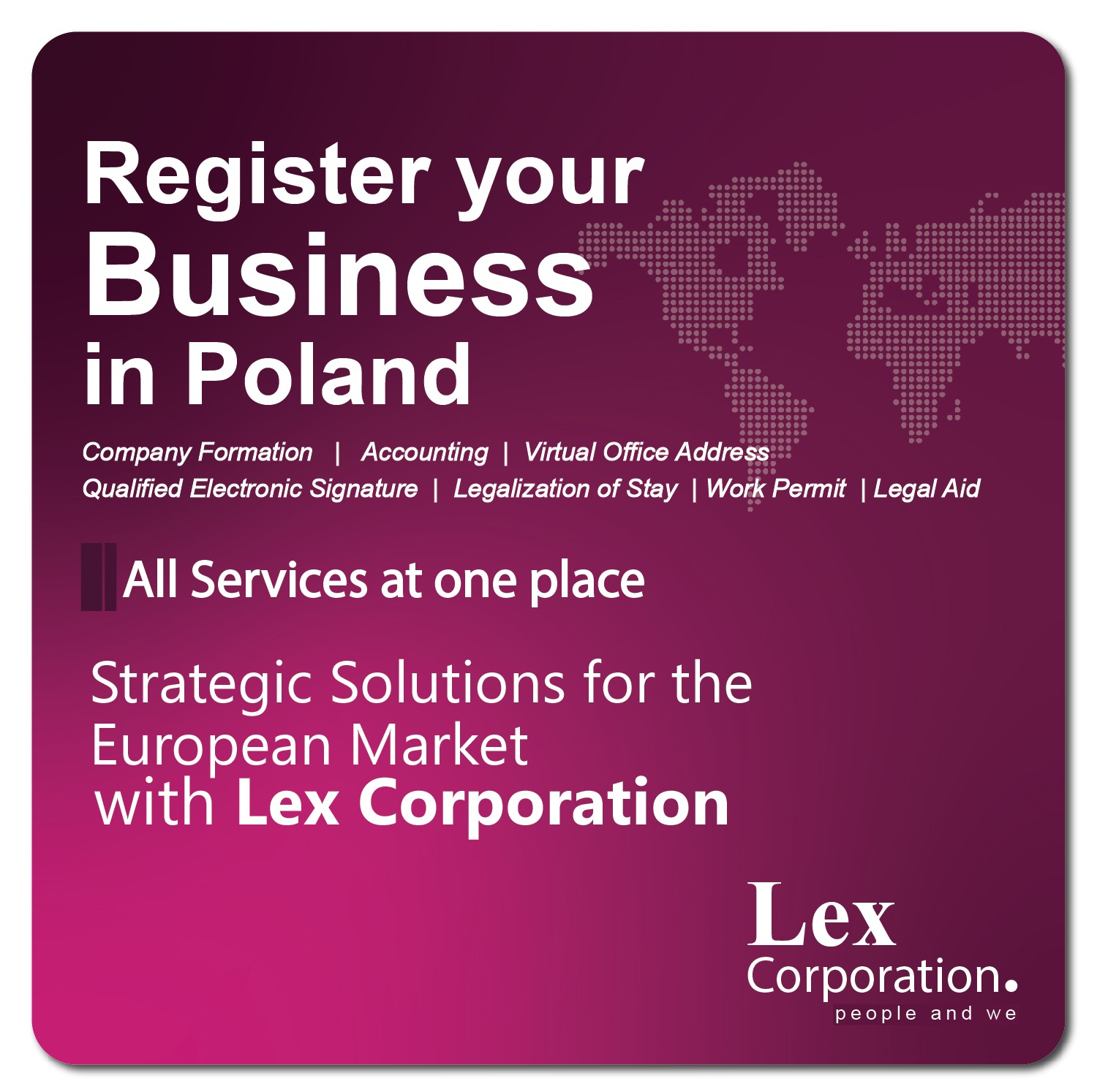 Grafika reklamowa: Rejestracja firmy w Polsce. Usługi: zakładanie firm, księgowość, wirtualne biuro, podpis elektroniczny, legalizacja pobytu, pozwolenie na pracę, pomoc prawna.