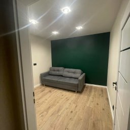 UKAL Remonty Łukasz Leśniewski - Nowoczesny salon z szarą sofą na drewnianej podłodze, widok przez otwarte drzwi. Ściana w głębokim odcieniu zieleni, oświetlenie punktowe.