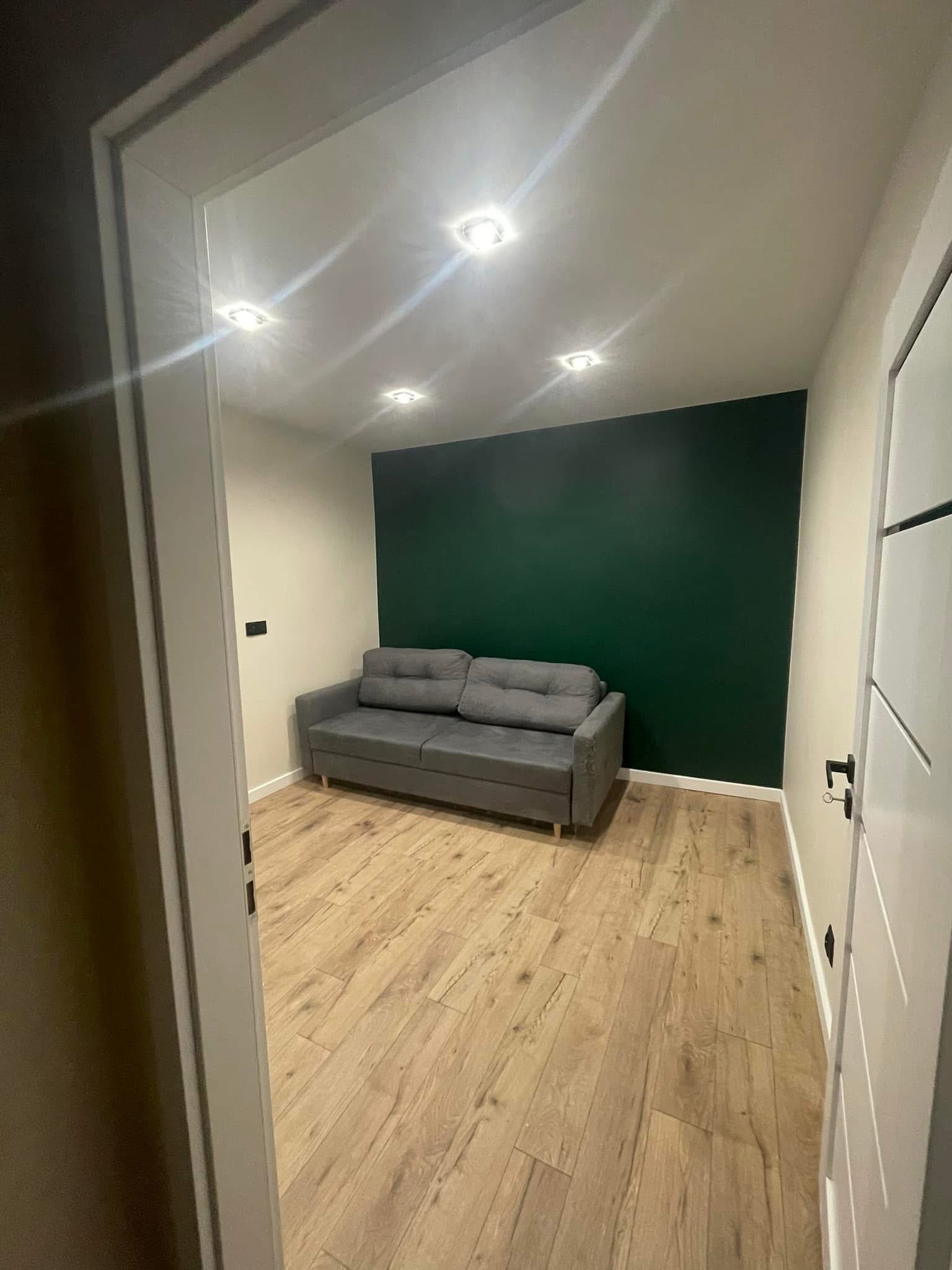 Nowoczesny salon z szarą sofą na drewnianej podłodze, widok przez otwarte drzwi. Ściana w głębokim odcieniu zieleni, oświetlenie punktowe.