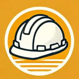 Ilustracja kasku budowlanego w białym kolorze z czarnym obrysem, umieszczona na pomarańczowym tle z białymi liniami u dołu, w okręgu.