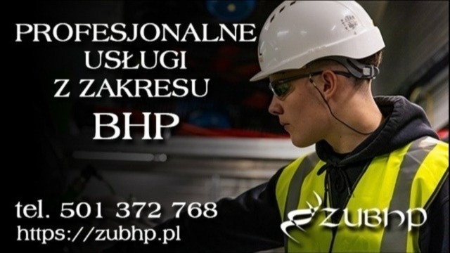 Pracownik w kasku i kamizelce odblaskowej na tle hali produkcyjnej. Widoczny napis 'Profesjonalne usługi z zakresu BHP' oraz dane kontaktowe i logo firmy.