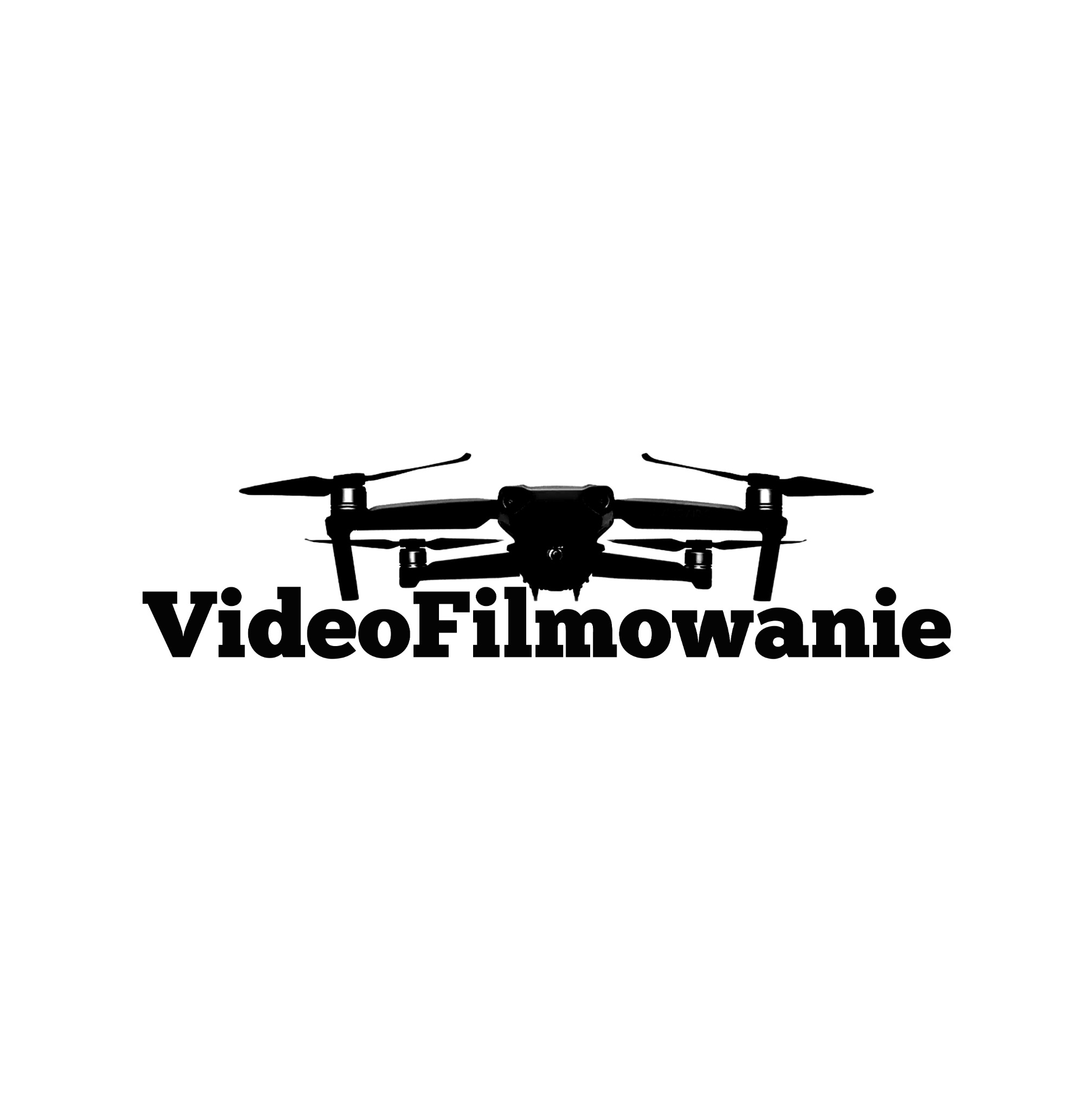 Czarna sylwetka drona nad napisem 'VideoFilmowanie' na białym tle. Grafika w stylu logo.
