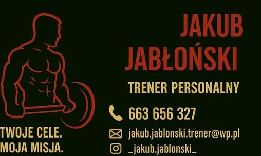 Wizytówka trenera personalnego Jakuba Jabłońskiego z sylwetką kulturysty i hasłem: Twoje cele, moja misja.