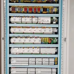 Rozdzielnica elektryczna w szafie, z precyzyjnie ułożonymi kablami i modułami, widok z przodu, oświetlenie górne, etykiety na elementach.