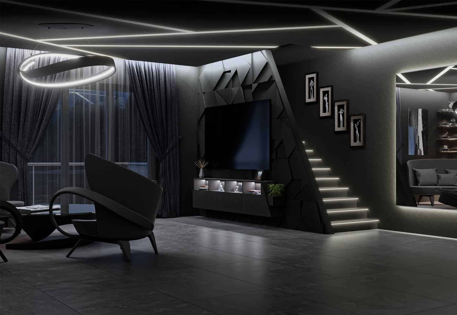 Nowoczesny salon w czerni z podświetlanymi schodami i dekoracyjnym oświetleniem sufitowym. Minimalistyczny design z geometrycznymi akcentami i eleganckimi detalami.
