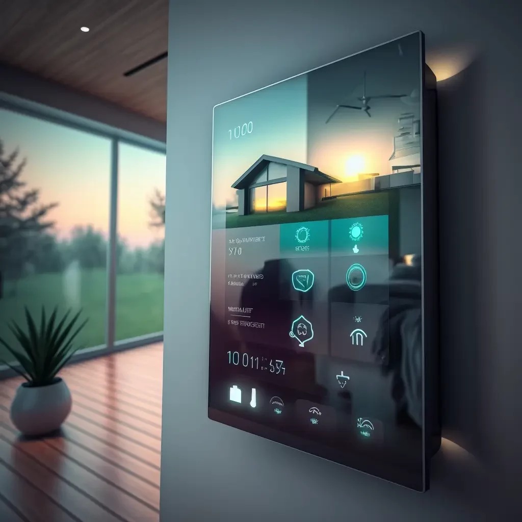 Panel dotykowy inteligentnego domu zamontowany na ścianie, wyświetlający interfejs z ikonami i danymi w nowoczesnym wnętrzu. Widoczny element dekoracyjny i okno.