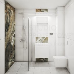 Studio Projektowe Patrycja Pawlus - Minimalistyczna łazienka z kabiną typu walk-in, białą ceramiką i akcentami marmuru w odcieniach brązu. Nowoczesne oświetlenie liniowe podkreśla czystość form.