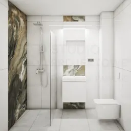 Minimalistyczna łazienka z kabiną typu walk-in, białą ceramiką i akcentami marmuru w odcieniach brązu. Nowoczesne oświetlenie liniowe podkreśla czystość form.